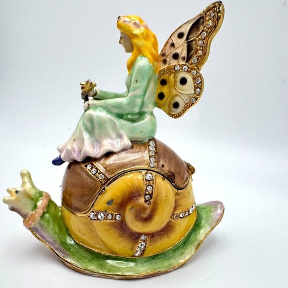 Fairy On Snail Trinket Box Rhinestone Accents Enamel Metal - Picture 2 of 7